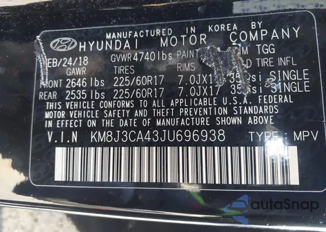2018 Hyundai Tucson Sel из США, поврежденный, VIN KM8J3CA43JU696938